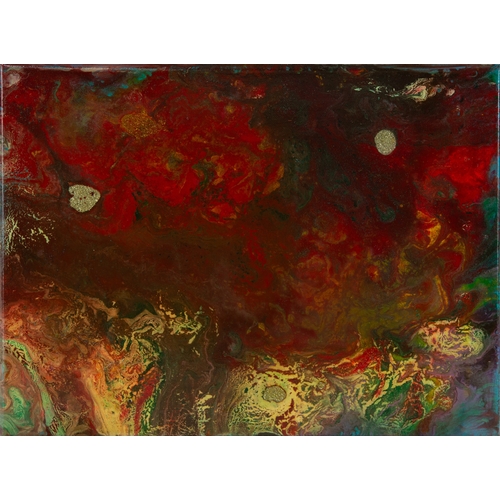 216 - ROSE FELLER (1975) MIXED MEDIA ON CANVAS Abstract – Muted red, yellow and green marbling effect with... 