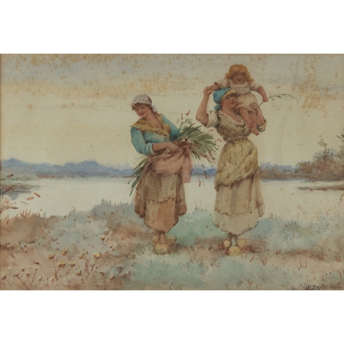 233 - JOSEPH BERNARD DAVIS (1861-1943) WATERCOLOUR Two peasant women and an infant in a river landscape Si... 