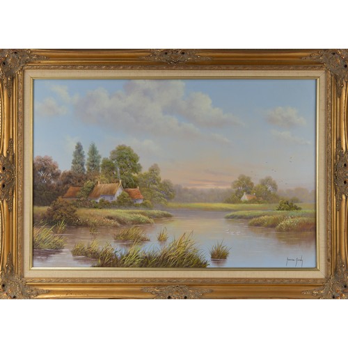 229 - TERENCE GRUNDY (1956-2023) OIL PAINTING ON CANVAS River landscape Signed lower right 20