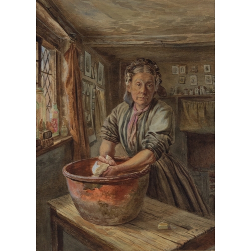 236 - W BRADLEY (NINETEENTH CENTURY)WATERCOLOURAn interior with a woman washing clothes in an earthenware ... 