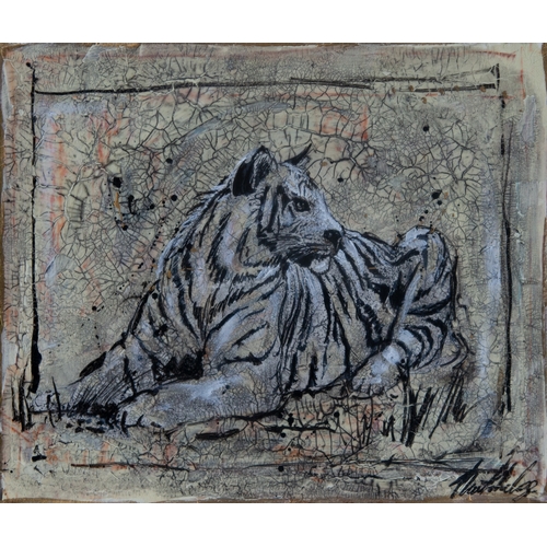 261 - *T CARTELIDGE (MODERN)MIXED MEDIA Reclining tiger on a crackle drab backgroundSigned14” x 16” (35.6c... 