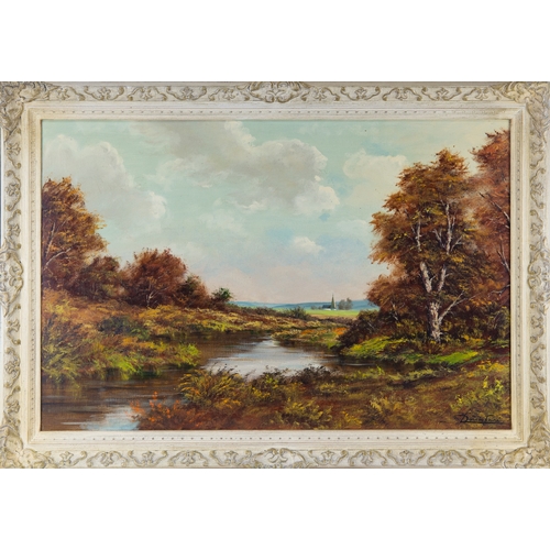 249 - DURAN FAINE (TWENTIETH CENTURY) OIL ON CANVASRiverscape with church in the distance Signed 23 ½” x 3... 