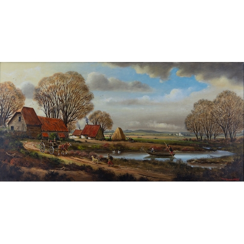 250 - DURAN FAINE (TWENTIETH CENTURY)OIL ON CANVAS Rural landscape with figures and farm buildings Signed2... 