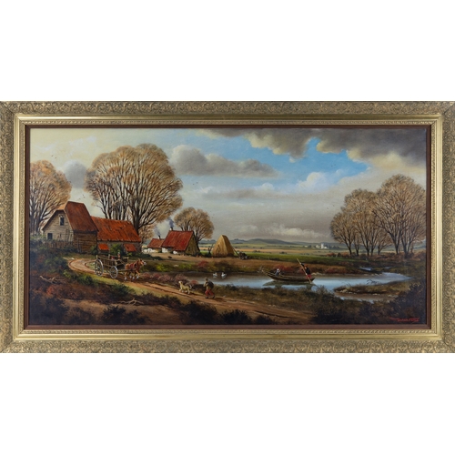 250 - DURAN FAINE (TWENTIETH CENTURY)OIL ON CANVAS Rural landscape with figures and farm buildings Signed2... 