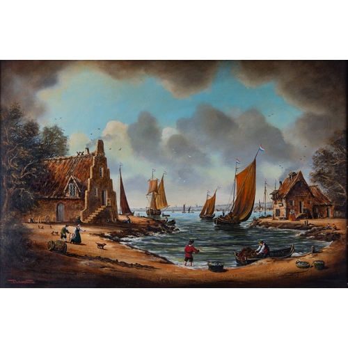 251 - DURAN FAINE (TWENTIETH CENTURY) OIL ON CANVAS Coastal scene with figures unloading the catchSigned 2... 