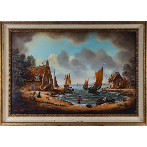 251 - DURAN FAINE (TWENTIETH CENTURY) OIL ON CANVAS Coastal scene with figures unloading the catchSigned 2... 