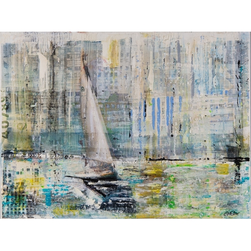 143 - GILL STORR (MODERN)MIXED MEDIA ON CANVAS‘Sailing in New Jersey’ Signed, title to gallery label verso... 