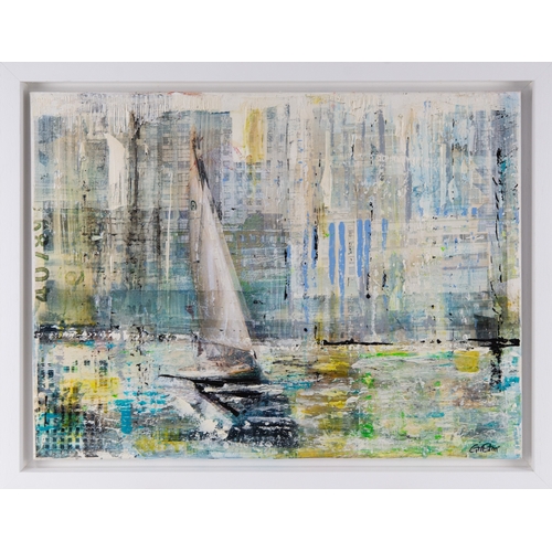 143 - GILL STORR (MODERN)MIXED MEDIA ON CANVAS‘Sailing in New Jersey’ Signed, title to gallery label verso... 