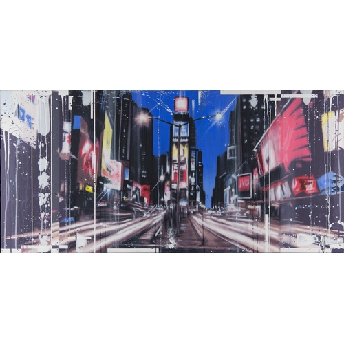 148 - KRIS HARDY (1978) MIXED MEDIA ON CANVAS‘Time Square at Night’ Signed 20” x 40” (50.8cm x 101.6cm) C/... 