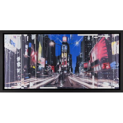 148 - KRIS HARDY (1978) MIXED MEDIA ON CANVAS‘Time Square at Night’ Signed 20” x 40” (50.8cm x 101.6cm) C/... 