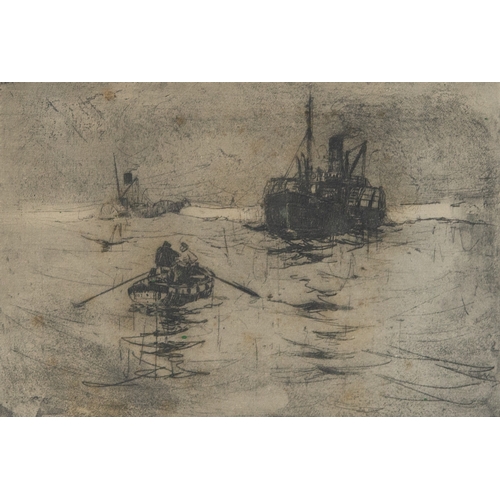 317 - FRANK HENRY MASON (1875-1965) ARTIST SIGNED ETCHING Row boat and steam ships 6” x 8 ½” (15.2cm x 21.... 