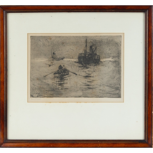 317 - FRANK HENRY MASON (1875-1965) ARTIST SIGNED ETCHING Row boat and steam ships 6” x 8 ½” (15.2cm x 21.... 