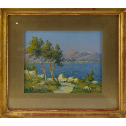 253 - THREE EARLY TWENTIETH CENTURY INDISTINCTLY SIGNED PAINTINGS GOUACHEMediterranean coastal scene 7 ¼” ... 