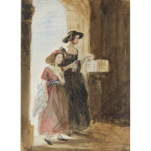 257 - UNATTRIBUTED (NINETEENTH CENTURY)WATERCOLOURTwo ladies entering churchUnsigned10 ½” x 7 ½” (26.7cm x... 