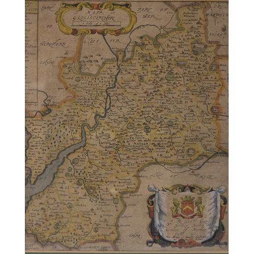 163 - ANTIQUE HAND COLOURED MAP OF GLOUESTERSHIRE BY RIC BLOME, with crest, 13” x 10 ¼” (33cm x 26cm), no ... 