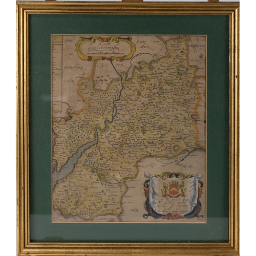 163 - ANTIQUE HAND COLOURED MAP OF GLOUESTERSHIRE BY RIC BLOME, with crest, 13” x 10 ¼” (33cm x 26cm), no ... 