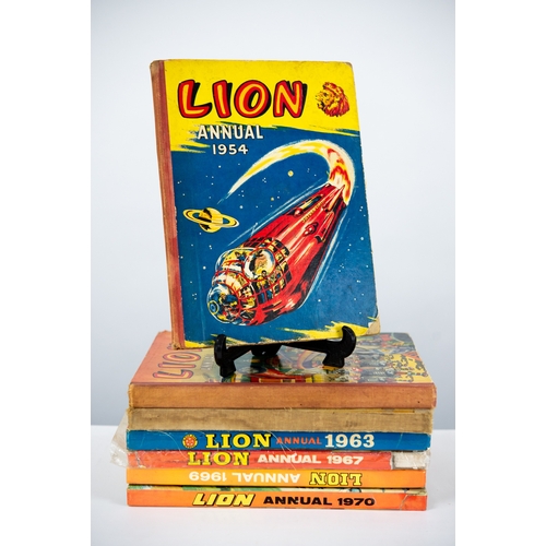 91 - THREE 1950's LION ANNUALS published by Amalgamated Press, viz, 1954, 1955 and 1956, scuffed and one ... 