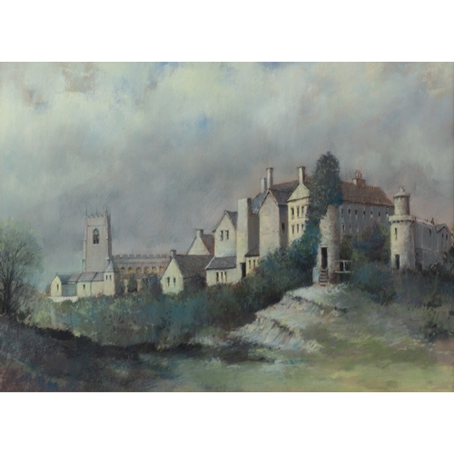 180 - TOM BROWN (1933-2017) PASTEL Ashton Parish Church and Castle Buildings Unsigned 13 ½” x 18 ½” (34.3c... 