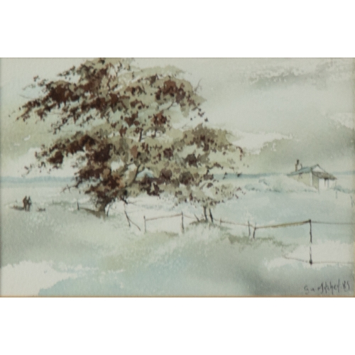 190 - GED MITCHELL (1956)WATERCOLOUR Landscape with a tree and two figures in the fore groundSigned and da... 