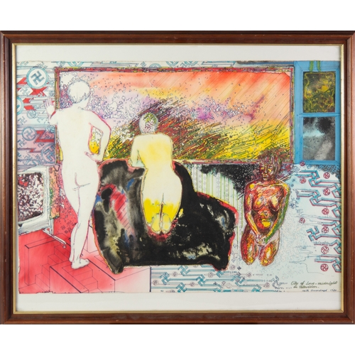 211 - KEITH ORMONDROYD (TWENTIETH CENTURY) MIXED MEDIA ON PAPER ‘City of Love- midnight on television’ Sig... 