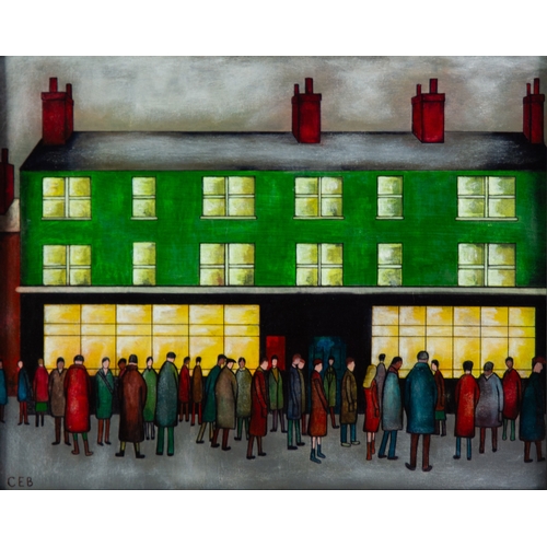 213 - CHRISTOPHER BARROW (1974)ACRYLIC ON BOARD‘Outside the Pub’Signed and titled verso15 ¾” x 19 ¾” (40cm... 