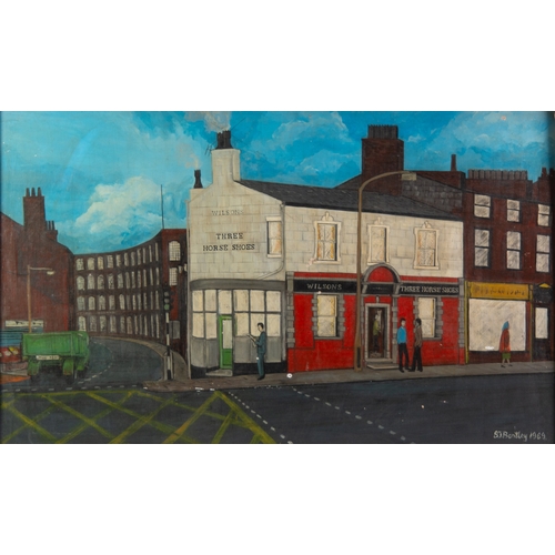 242 - STEVE BENTLEY (1949) OIL ON BOARD ‘The Three Horse Shoes’, corner of Shaw and Huddersfield Road Sign... 