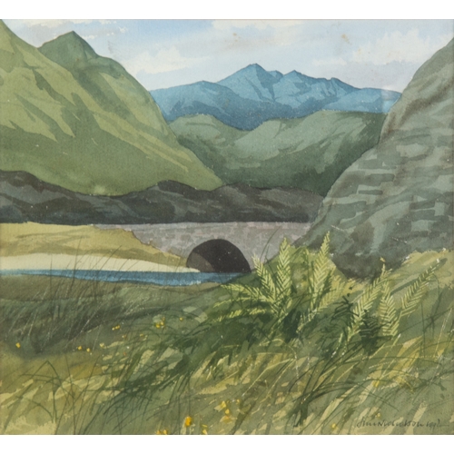 244 - JIM NICHOLSON (1924-1996) WATERCOLOUR Stone bridge over a river with hills in the backgroundSigned a... 