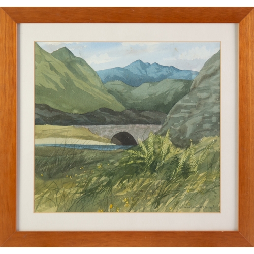 244 - JIM NICHOLSON (1924-1996) WATERCOLOUR Stone bridge over a river with hills in the backgroundSigned a... 