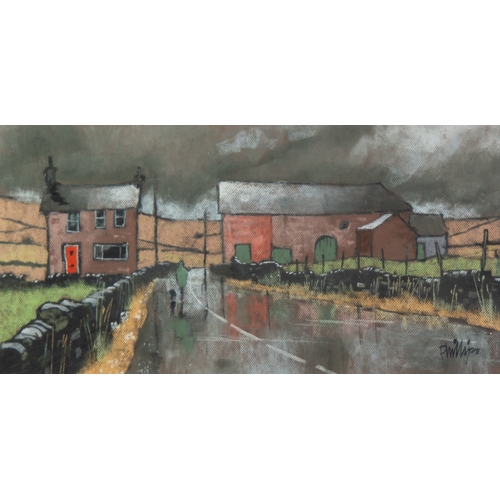 245 - BRIAN PHILLIPS (1939) PASTEL Country lane with farm building and figure with dog Signed 12” x 23 ½” ... 