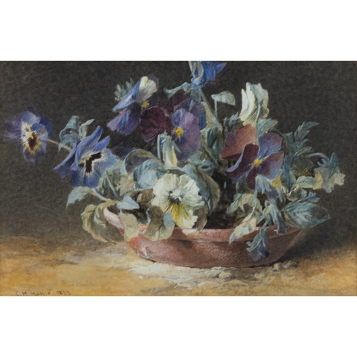 273 - GRACE H HASTIE (1855-1930)WATERCOLOUR Pansies in a terracotta bowl Signed and dated 1877 8 ½” x 12 ½... 