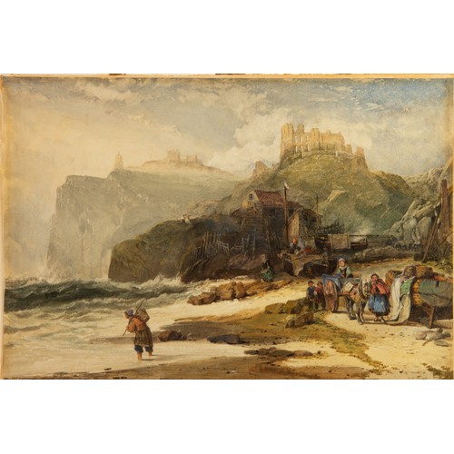 270 - JOHN SKINNER PROUT (1806-1876) WATERCOLOUR Whitby beach scene with fisherfolk and view of the abbey ... 