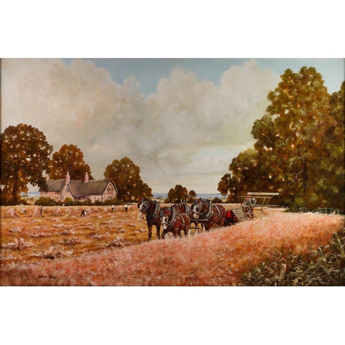 252 - ARTHUR LOCKIE (1948)OIL ON CANVAS Bygone harvesting scene with horse drawn thresherSigned 19 ½” x 29... 