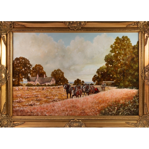 252 - ARTHUR LOCKIE (1948)OIL ON CANVAS Bygone harvesting scene with horse drawn thresherSigned 19 ½” x 29... 