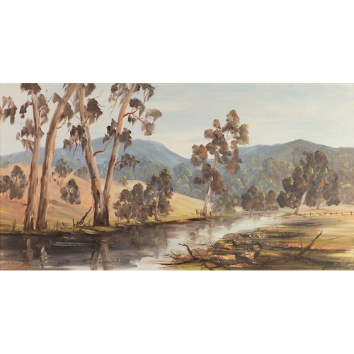 254 - LEATHAM (TWENTIETH/ TWENTY FIRST CENTURY)OIL ON BOARD Outback riverscape with hills in the distanceS... 