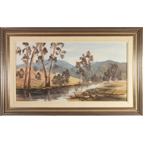 254 - LEATHAM (TWENTIETH/ TWENTY FIRST CENTURY)OIL ON BOARD Outback riverscape with hills in the distanceS... 