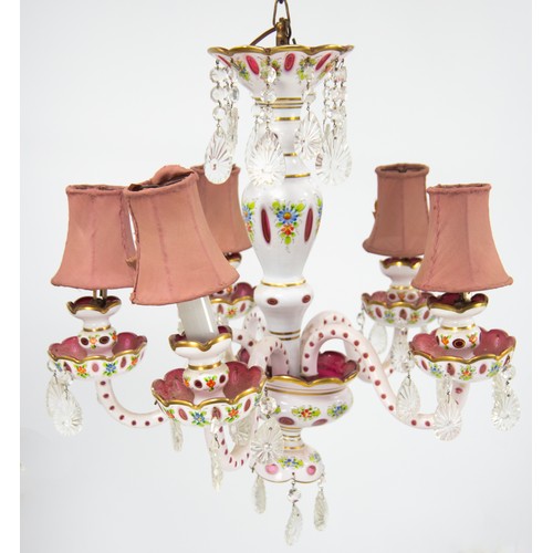 126 - BOHEMIAN CRANBERRY CASED AND FLORAL PAINTED FLASH CUT GLASS FIVE BRANCH ELECTROLIER, with scroll arm... 