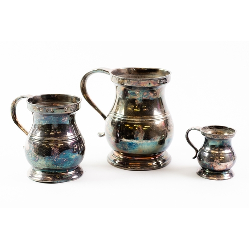 103 - PEWTER ‘QUART’, ‘PINT’ and ‘1 GILL’ BALUSTER TANKARDS, (3)