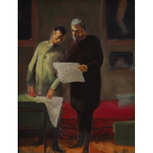 220 - DAVID ROBERTSON (1886-1944) OIL ON BOARDTwo Gentlemen studying documentsSigned 9 ¼” x 7 ¼” (23.5cm x... 