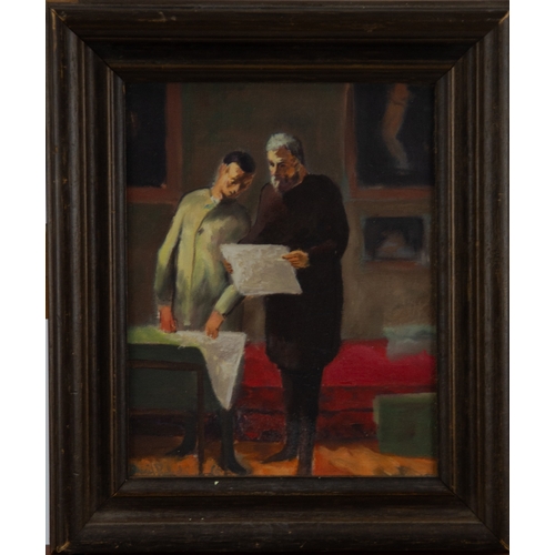 220 - DAVID ROBERTSON (1886-1944) OIL ON BOARDTwo Gentlemen studying documentsSigned 9 ¼” x 7 ¼” (23.5cm x... 