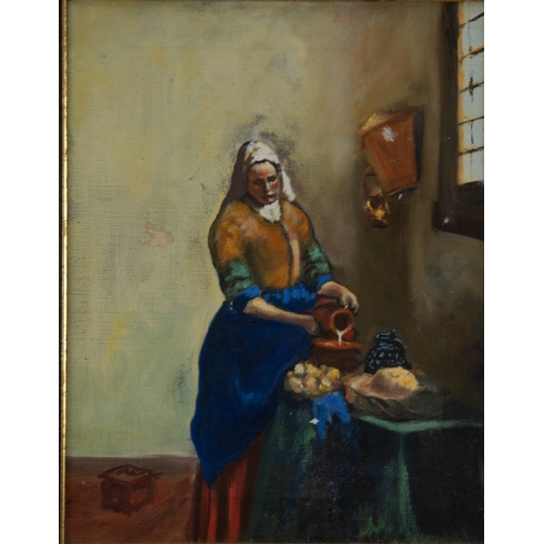 221 - ATTRIBUTED TO DAVID ROBERTSON (1886-1944) OIL ON CANVAS AFTER VERMEER Milk Maid Unsigned 17 ½” x 13 ... 