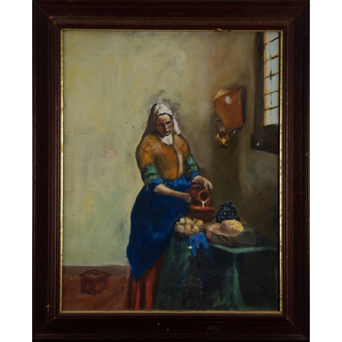 221 - ATTRIBUTED TO DAVID ROBERTSON (1886-1944) OIL ON CANVAS AFTER VERMEER Milk Maid Unsigned 17 ½” x 13 ... 