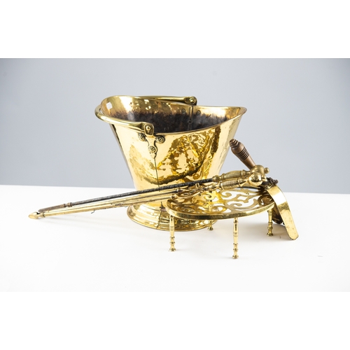 107 - LATE 19TH CENTURY BRASS HELMET SHAPE COAL SCUTTLE with brass swing handle, a PAIR OF LATE 19TH CENTU... 