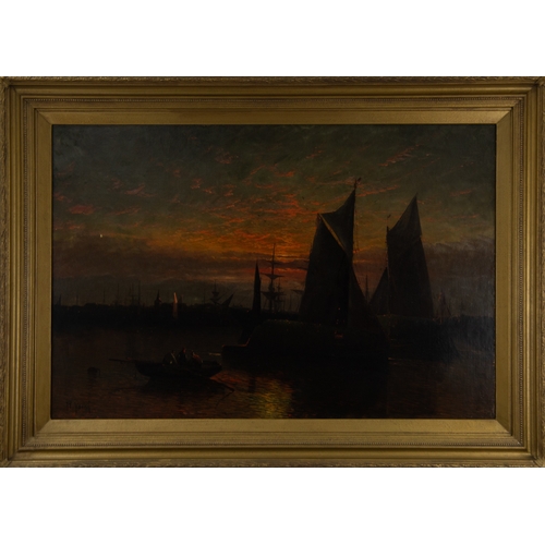 222 - R YOUNG (LATE NINETEENTH CENTURY)OIL PAINTING ON CANVAS LAID DOWN ON BOARDAn estuary at sunset with ... 