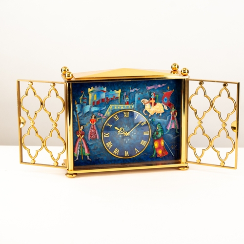 60 - MID TO LATE TWENTIETH CENTURY IMHOF ENAMELLED GILT METAL BOUDOIR CLOCK, the 10” wide oblong face dec... 