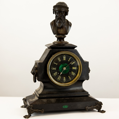 40 - LATE NINETEENTH CENTURY BLACK MARBLE AND PATINATED METAL MANTEL CLOCK, the 4” Roman dial with inset ... 