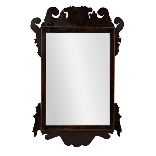 122 - GEORGIAN LINE INLAID OAK WALL MIRROR, with oblong plate and fret cut cresting and side pieces, 20” x... 