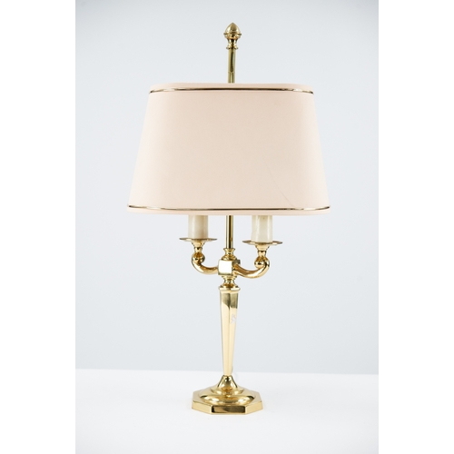 123 - MODERN BRASS BOUILOTTE TWIN LIGHT TABLE LAMP, 26” (66cm) high, one candle pattern holder cracked