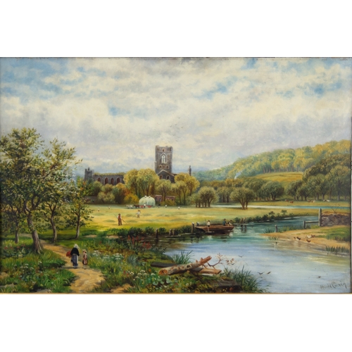 229 - HAROLD GLIXDON (late 19th Century) OIL PAINTING ON BOARD River landscape with monastic ruins, figure... 