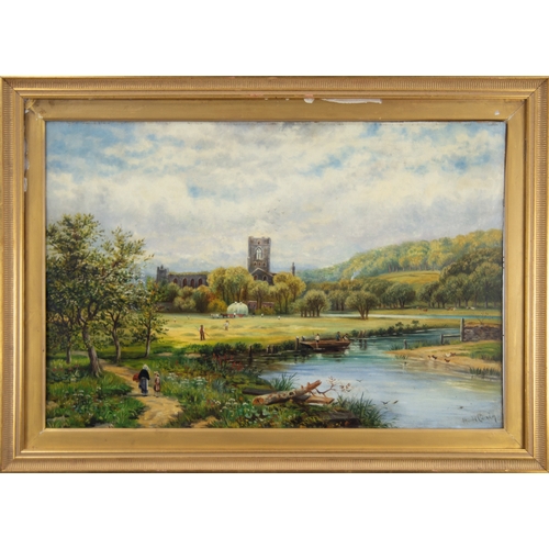 229 - HAROLD GLIXDON (late 19th Century) OIL PAINTING ON BOARD River landscape with monastic ruins, figure... 