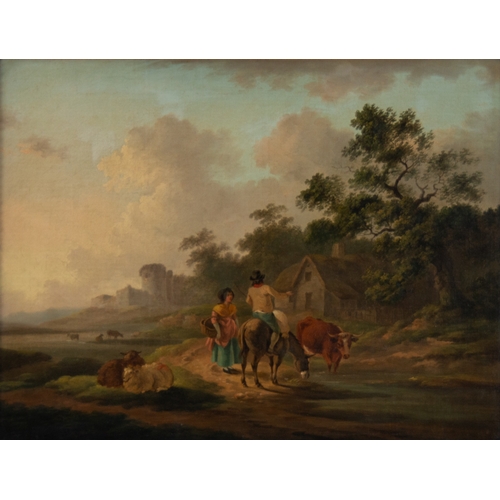 230 - PETER LA CAVE (fl. 1769 - 1810) OIL PAINTING ON RELINED CANVAS Rustic figures conversing in a landsc... 